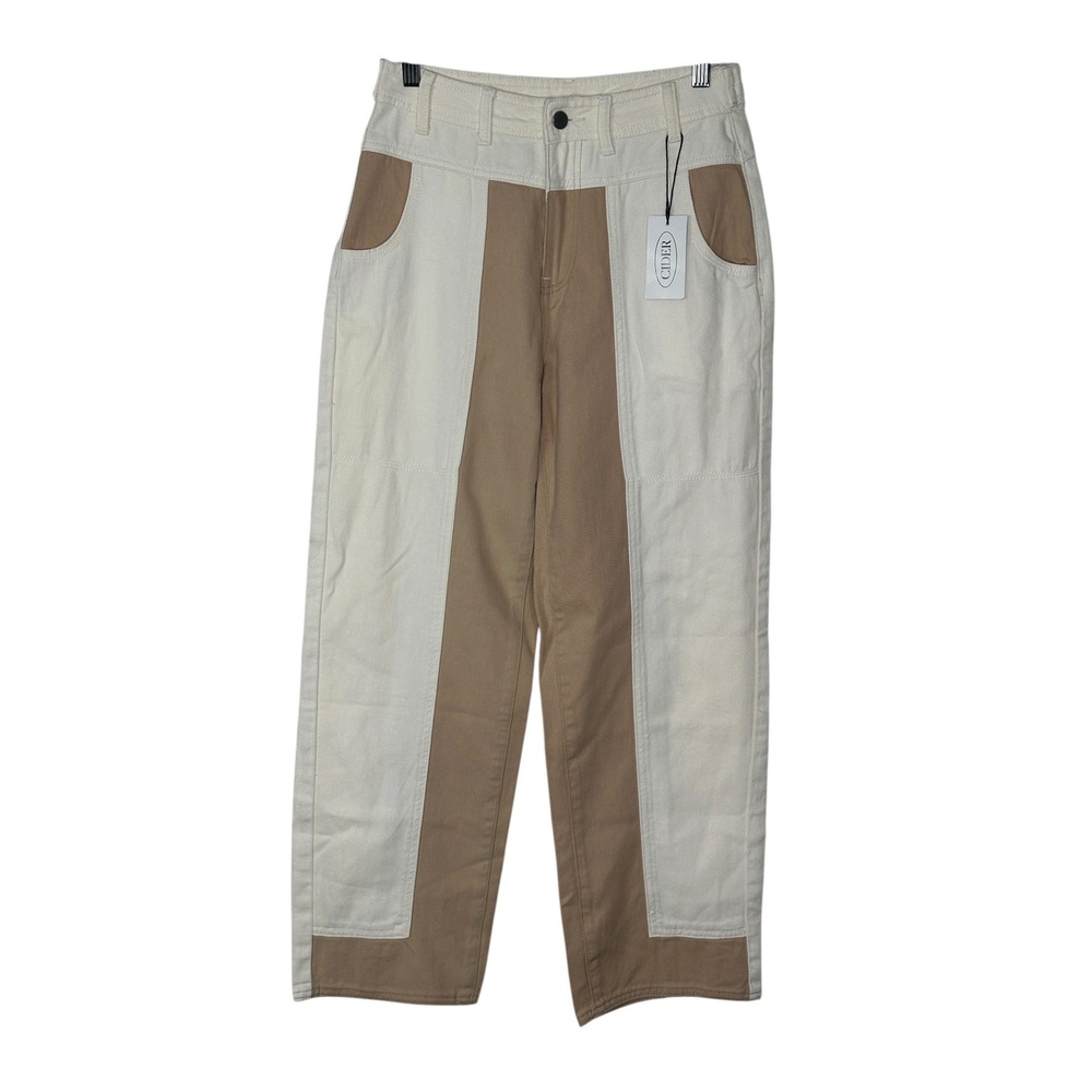 NEW Cider Colorblock Denim Pants SMALL Cream Tan High Waisted Straight Cotton